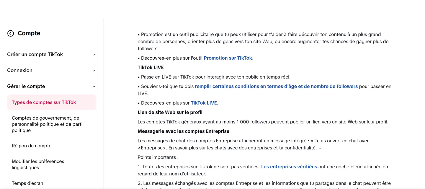 Page d'aide TikTok en français sur les types de comptes, paragraphe « Lien de site Web sur le profil » indiquant le seuil de 1 000 followers pour les comptes généraux Page d'aide TikTok en français sur les types de comptes, paragraphe « Lien de site Web sur le profil » indiquant le seuil de 1 000 followers pour les comptes généraux