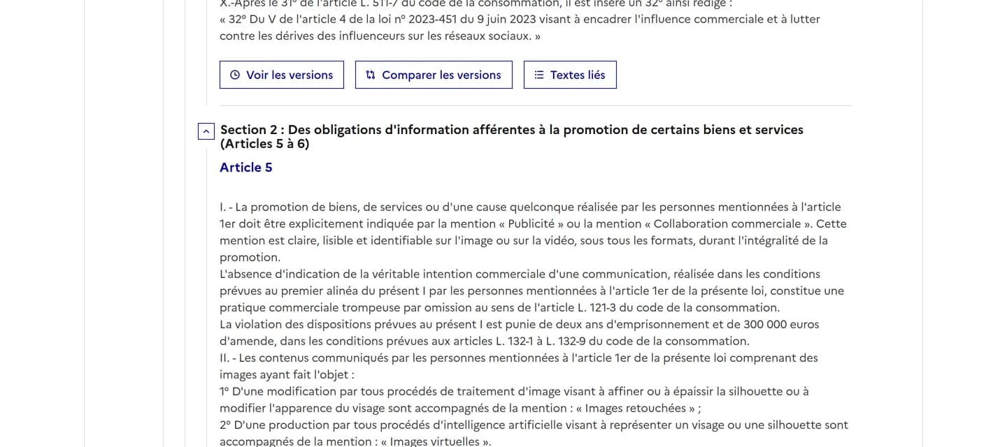 Article 5 de la loi n° 2023-451 du 9 juin 2023 sur Légifrance, alinéa imposant la mention « publicité » ou « collaboration commerciale » claire, lisible et identifiable durant l'intégralité de la promotion Article 5 de la loi n° 2023-451 du 9 juin 2023 sur Légifrance, alinéa imposant la mention « publicité » ou « collaboration commerciale » claire, lisible et identifiable durant l'intégralité de la promotion
