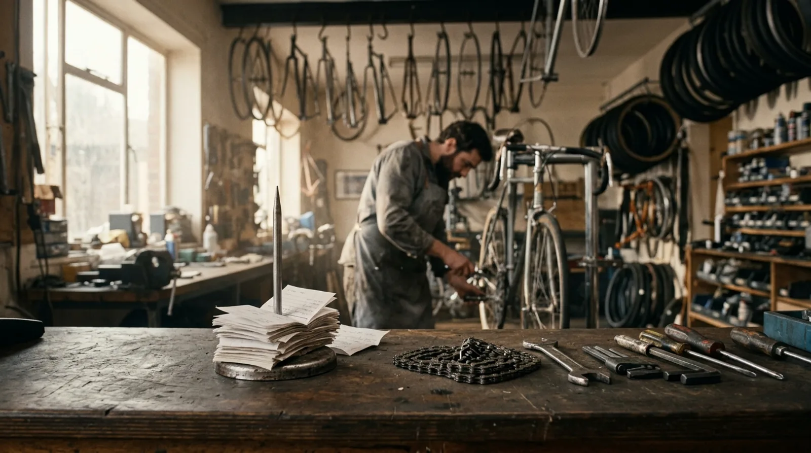 Atelier de réparation de vélos en fin de matinée : un pique-notes en métal chargé d'une épaisse pile de fiches de travail attend sur l'établi, une chaîne et des outils posés à côté, pendant que le mécanicien en tablier gris travaille sur un vélo au fond Atelier de réparation de vélos en fin de matinée : un pique-notes en métal chargé d'une épaisse pile de fiches de travail attend sur l'établi, une chaîne et des outils posés à côté, pendant que le mécanicien en tablier gris travaille sur un vélo au fond