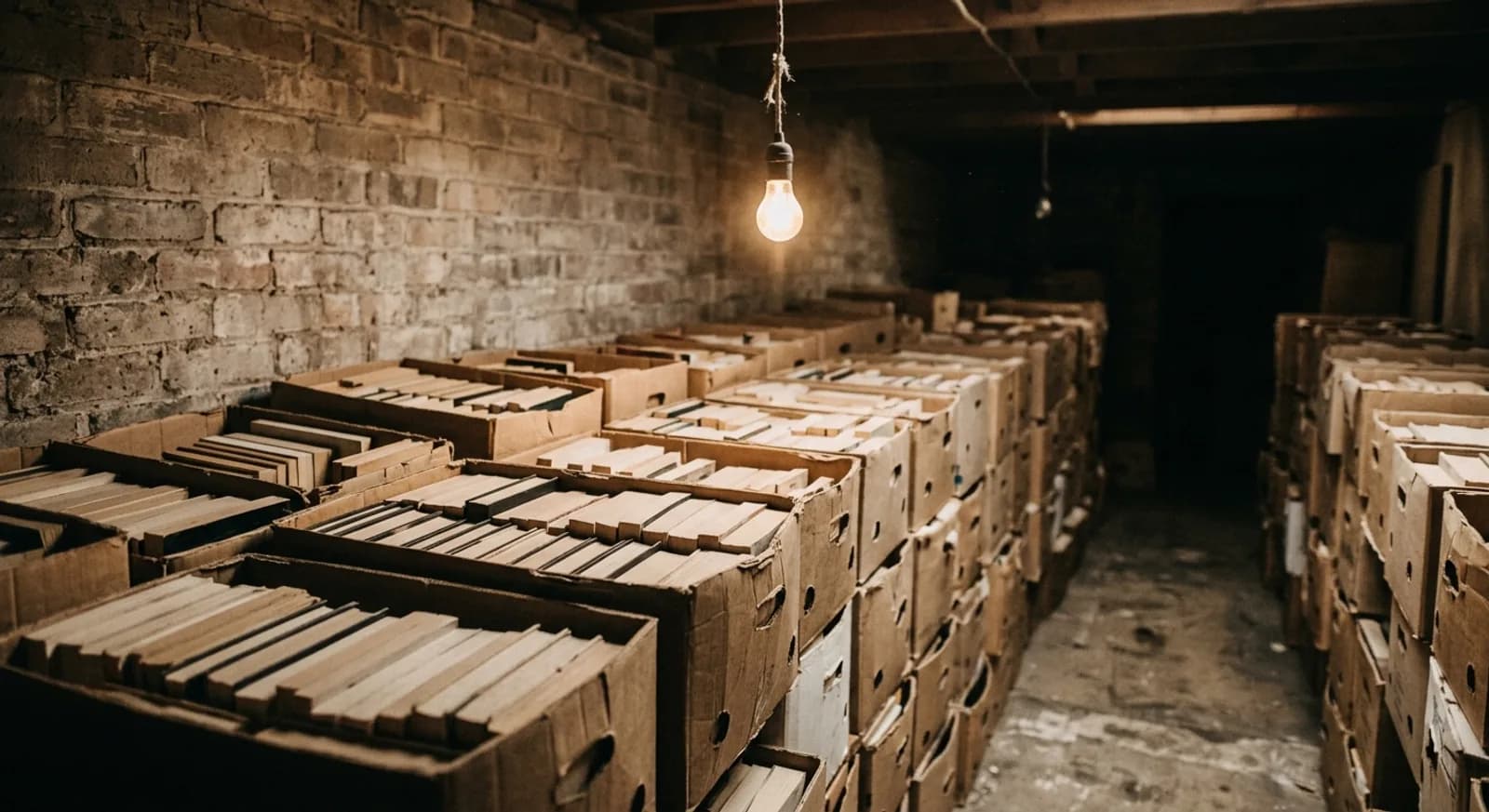 Réserve de dépôt de livres, cartons ouverts remplis de livres vus par la tranche empilés le long d'un mur de briques, ampoule nue allumée Réserve de dépôt de livres, cartons ouverts remplis de livres vus par la tranche empilés le long d'un mur de briques, ampoule nue allumée