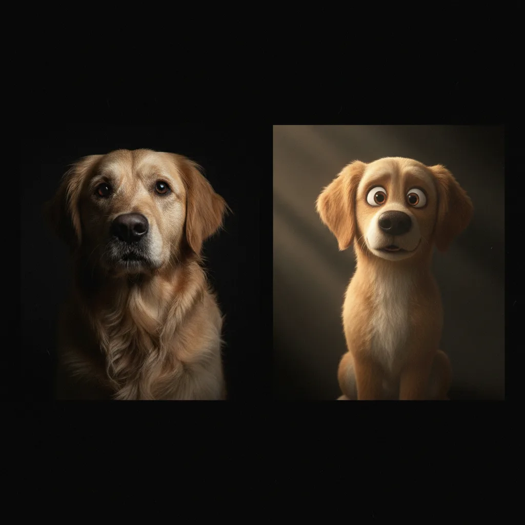 Illustration – Avant / après : photo chien transformée en personnage Pixar Illustration – Avant / après : photo chien transformée en personnage Pixar