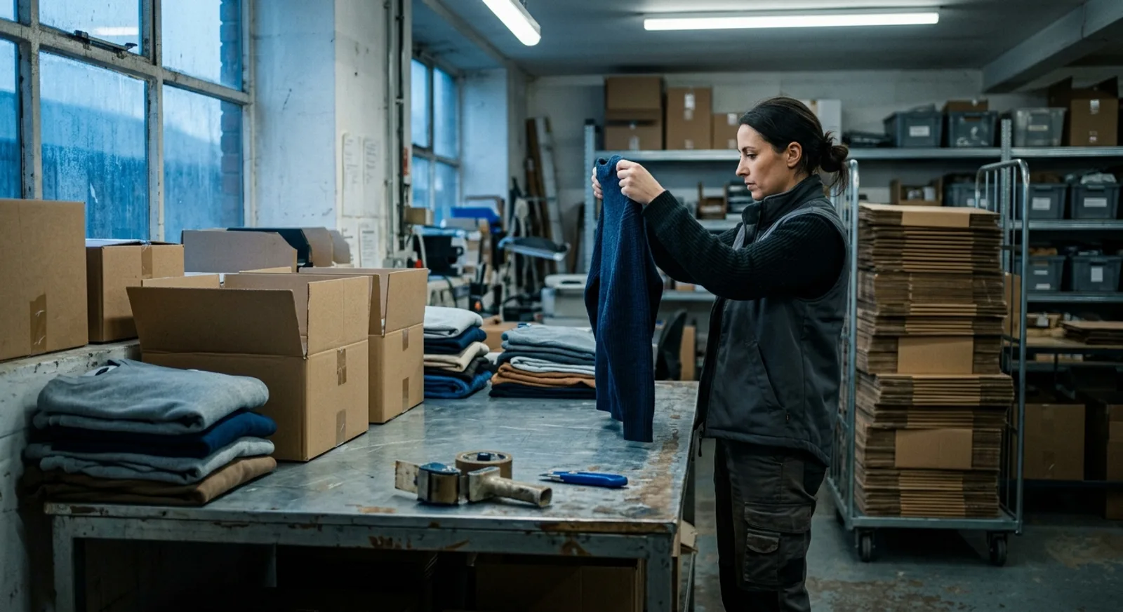 Coin retours d'une réserve e-commerce en fin de journée : des colis rouverts sur une table de tri, des vêtements repliés en piles, un rouleau de ruban adhésif et un cutter posés à côté, une femme en gilet de travail inspecte un pull de profil sous la lumière froide des néons Coin retours d'une réserve e-commerce en fin de journée : des colis rouverts sur une table de tri, des vêtements repliés en piles, un rouleau de ruban adhésif et un cutter posés à côté, une femme en gilet de travail inspecte un pull de profil sous la lumière froide des néons