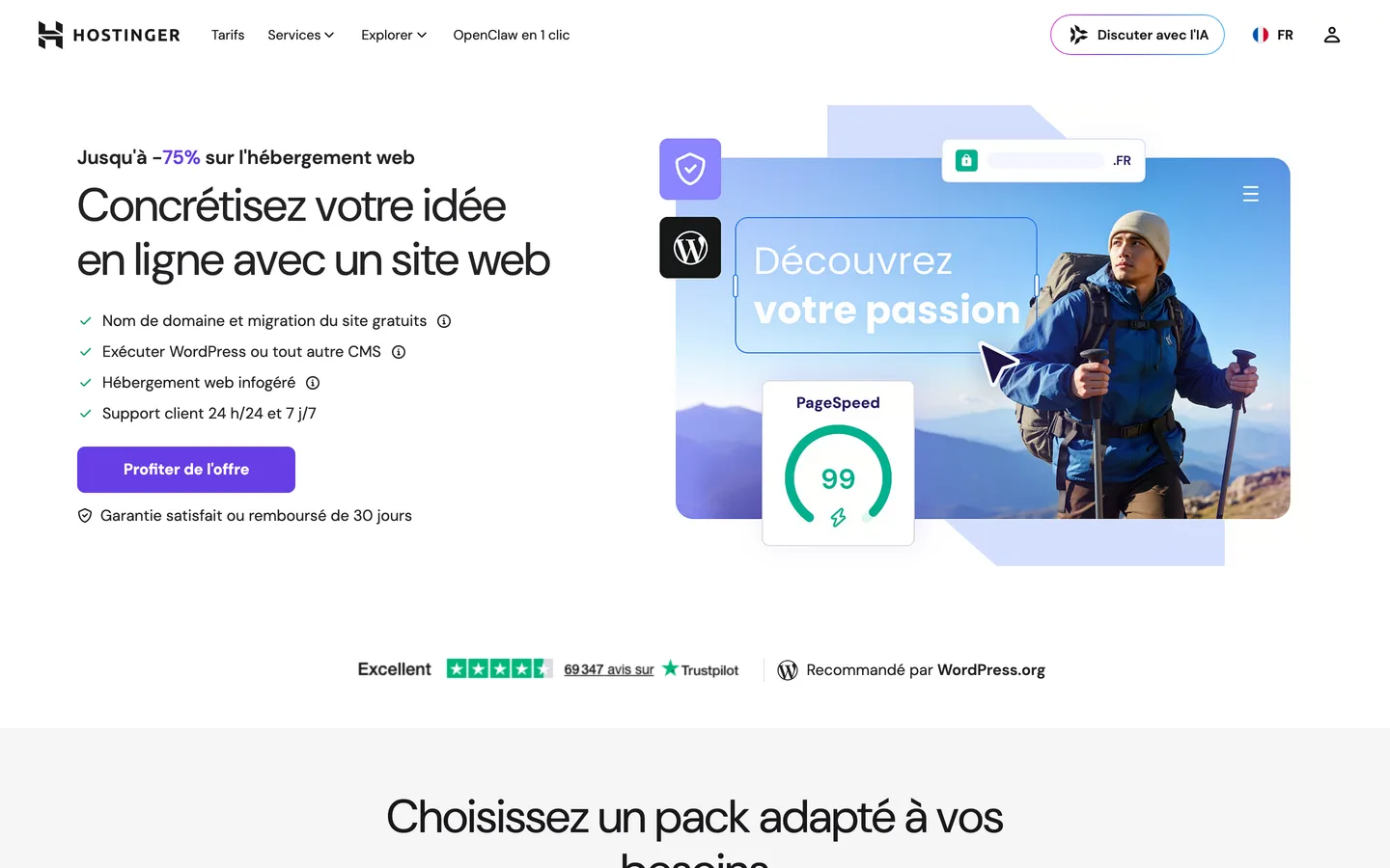 Page hébergement web de Hostinger : plans et prix promotionnels affichés Page hébergement web de Hostinger : plans et prix promotionnels affichés