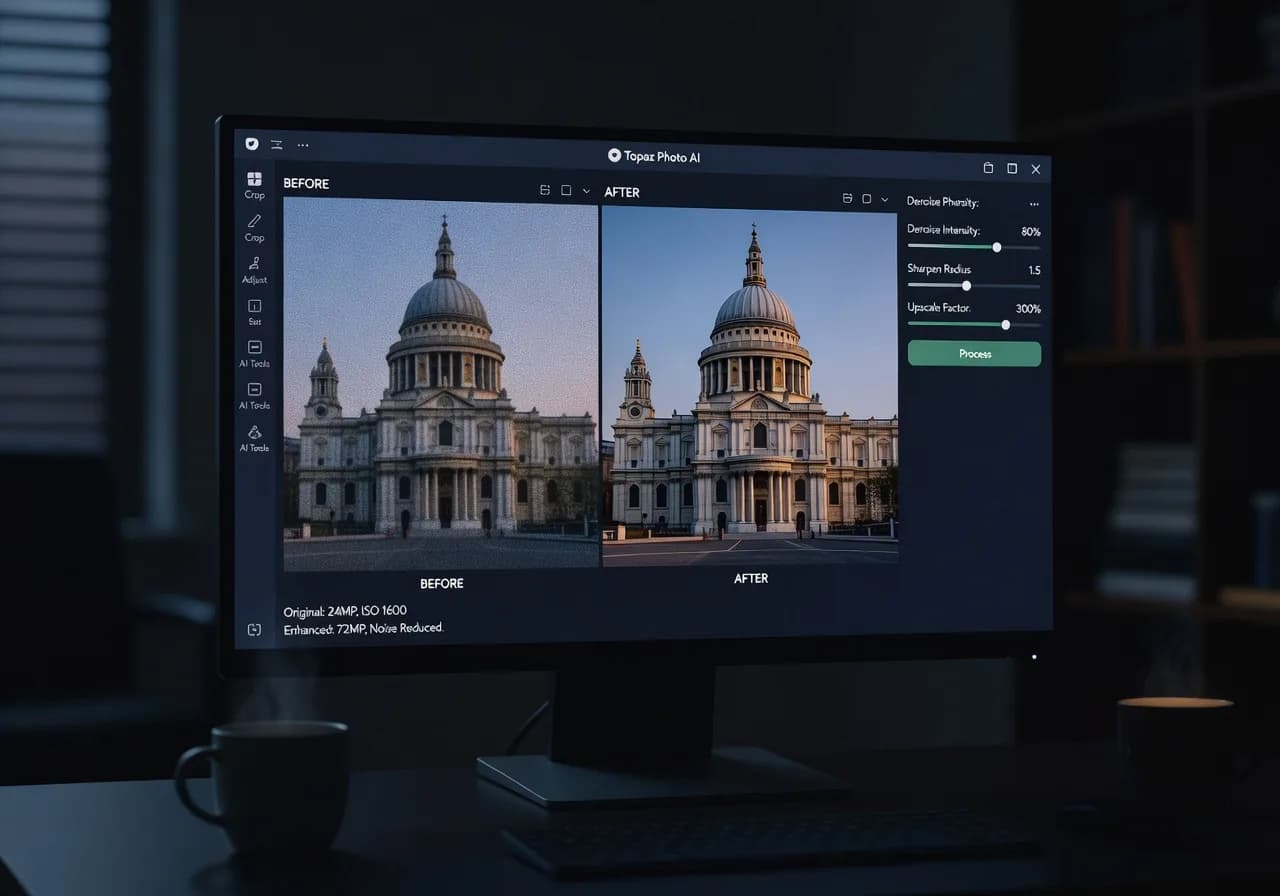 Image corps – Interface Topaz Photo AI 3 et sliders Image corps – Interface Topaz Photo AI 3 et sliders