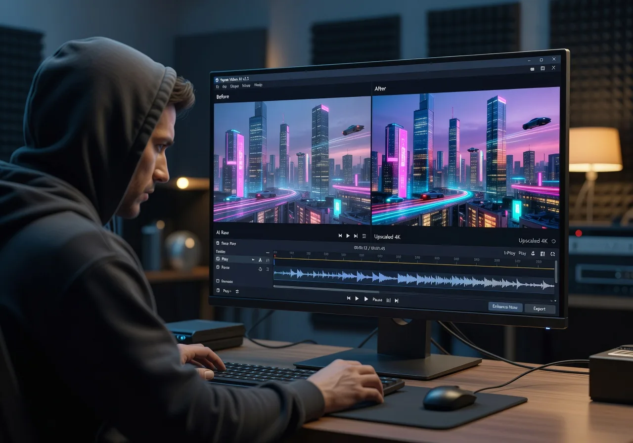Image corps – Interface Topaz Video AI : avant/après upscale Image corps – Interface Topaz Video AI : avant/après upscale