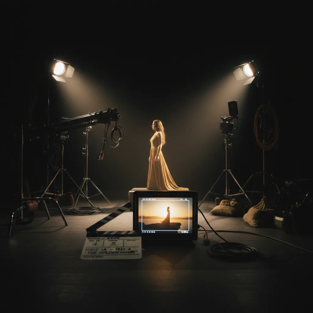 Clap de cinéma et moniteur affichant un plan unique sur un sol de studio sombre Clap de cinéma et moniteur affichant un plan unique sur un sol de studio sombre