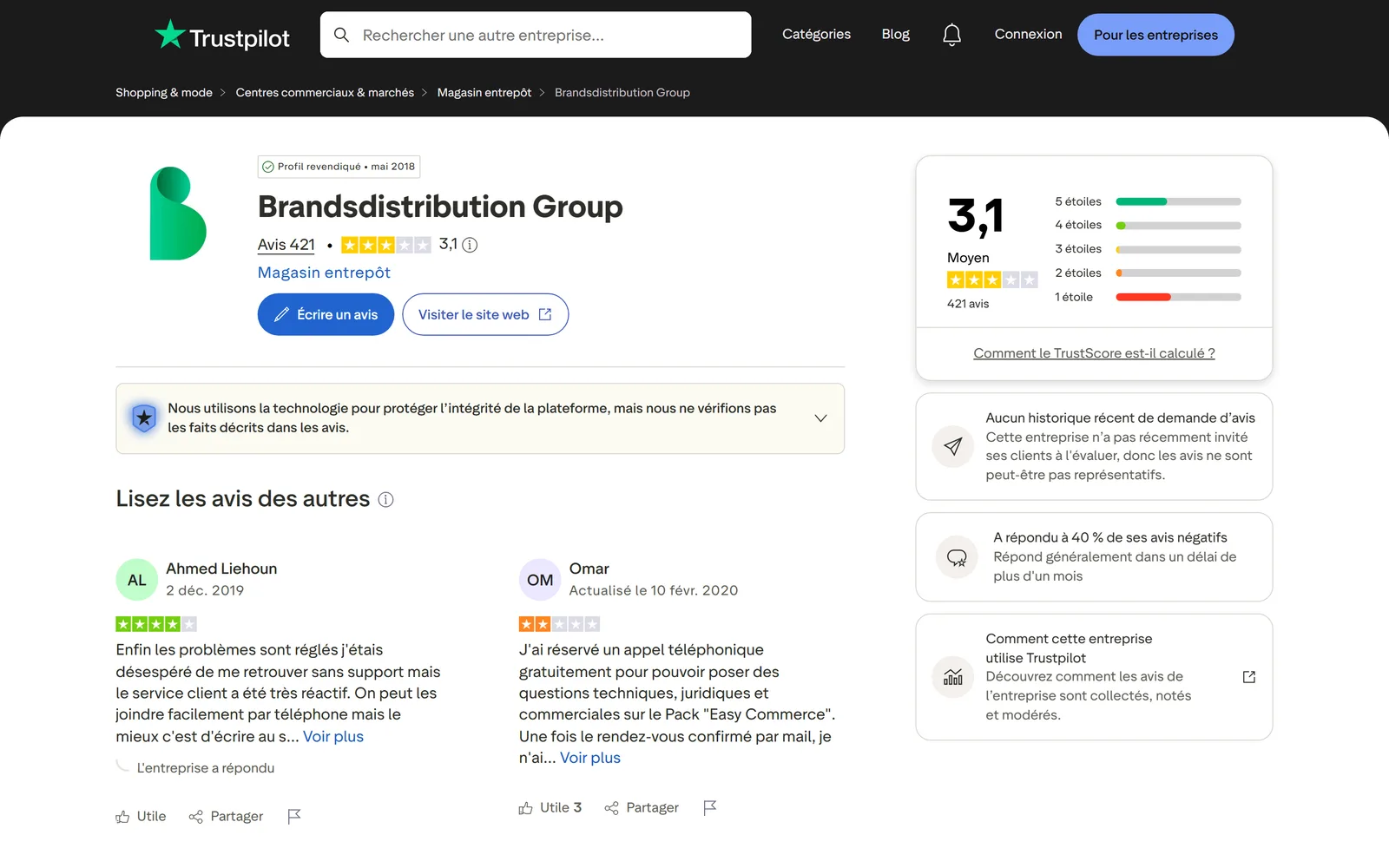 Fiche Trustpilot de Brandsdistribution Group le 23 septembre 2026 : note de 3,1 sur 421 avis, réponse à 40 % des avis négatifs Fiche Trustpilot de Brandsdistribution Group le 23 septembre 2026 : note de 3,1 sur 421 avis, réponse à 40 % des avis négatifs