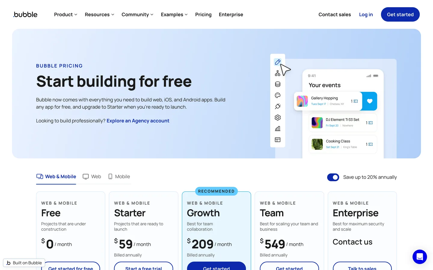 Page tarifs de Bubble.io : plans Free, Starter, Growth, Team et Enterprise Page tarifs de Bubble.io : plans Free, Starter, Growth, Team et Enterprise