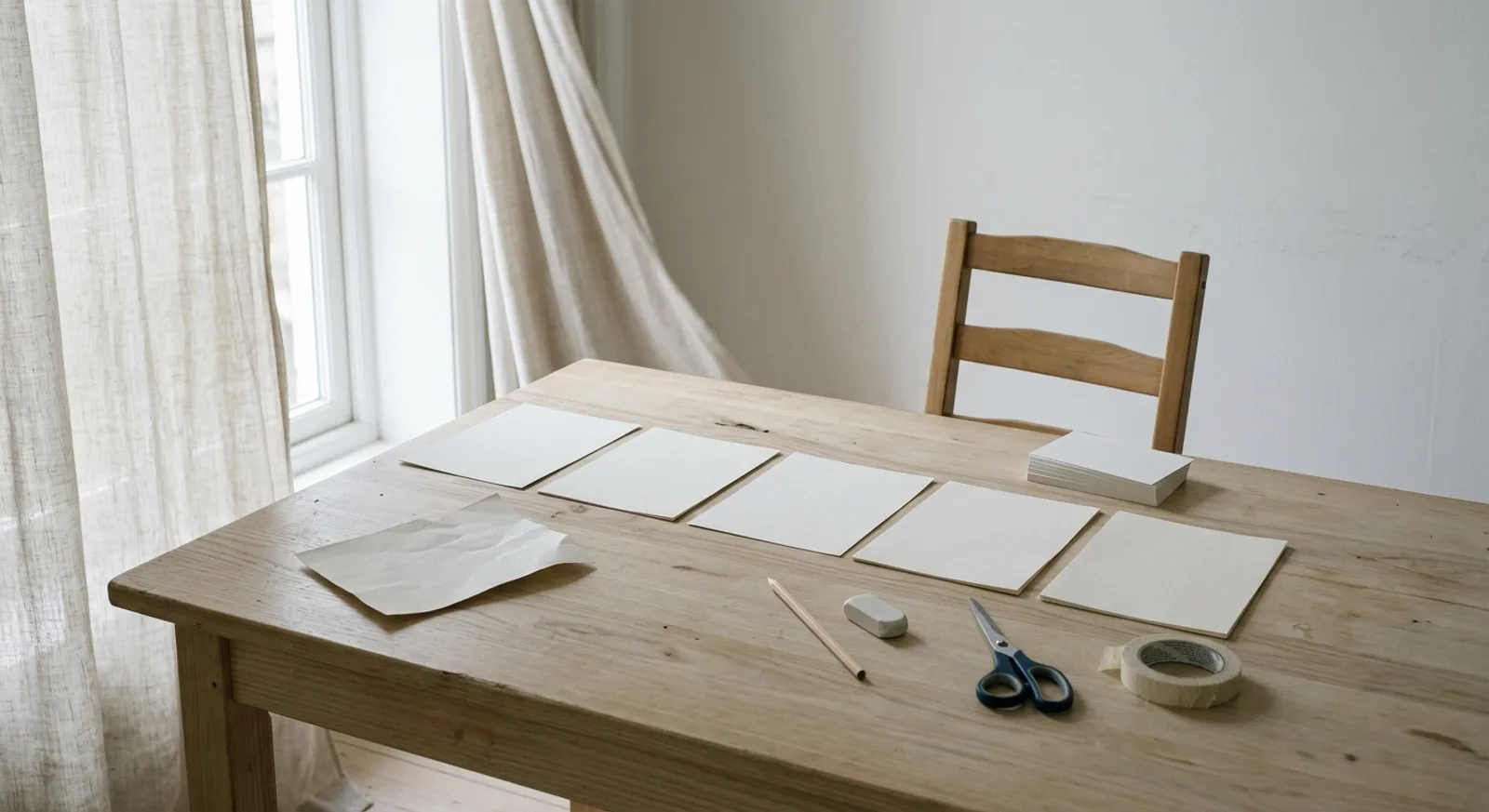 Plan de lancement étalé à la main sur une table en bois clair : feuilles blanches alignées comme des étapes, pile de fiches, crayon, ciseaux et rouleau de ruban adhésif Plan de lancement étalé à la main sur une table en bois clair : feuilles blanches alignées comme des étapes, pile de fiches, crayon, ciseaux et rouleau de ruban adhésif