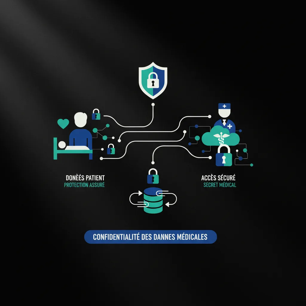Infographie minimaliste sur la confidentialité des données médicales avec icônes de cadenas et silhouettes abstraites Infographie minimaliste sur la confidentialité des données médicales avec icônes de cadenas et silhouettes abstraites