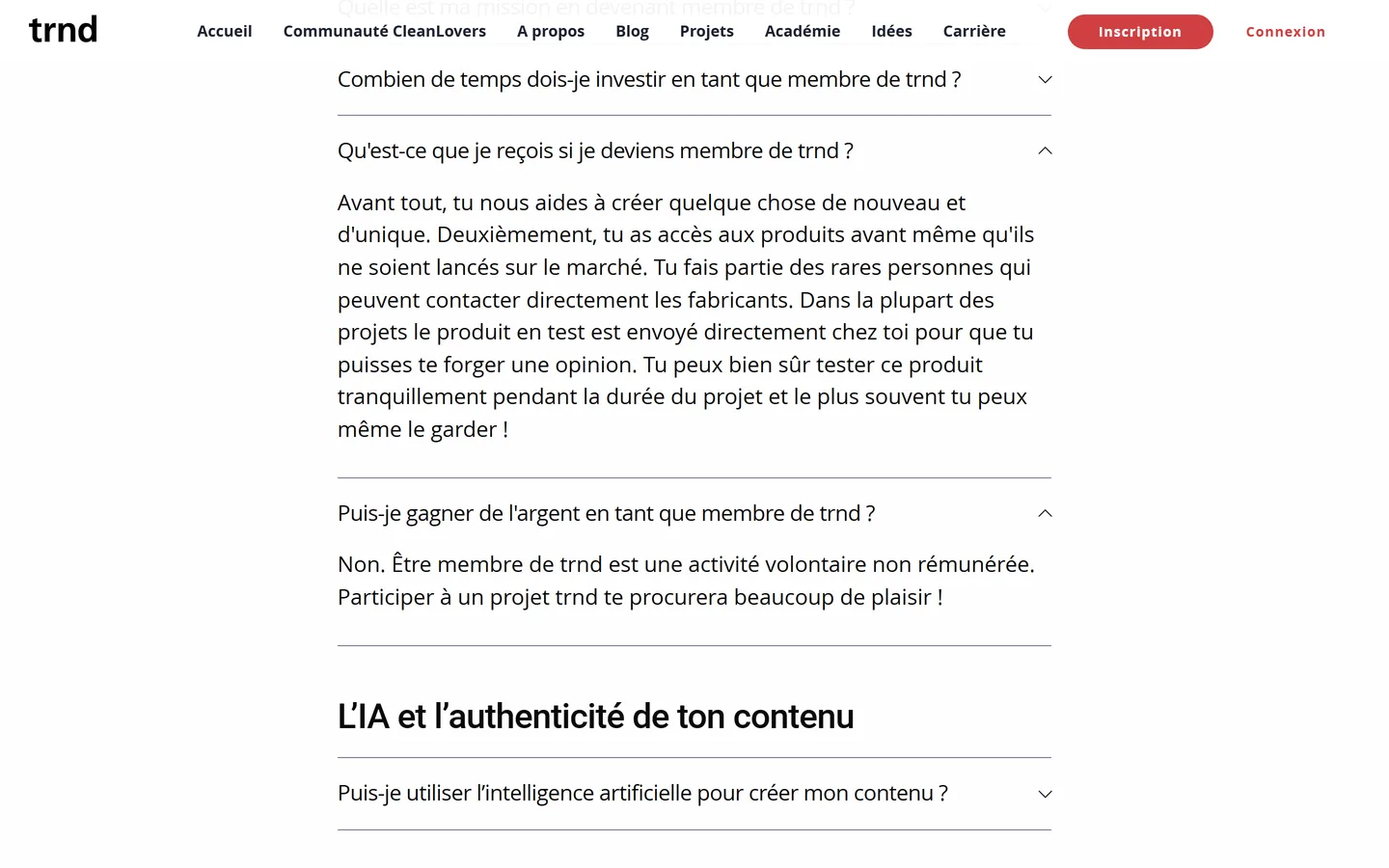 FAQ de trnd.com ouverte sur deux questions : ce que reçoit un membre (produit envoyé à domicile, souvent conservé) et la réponse « Non » à la question sur l'argent FAQ de trnd.com ouverte sur deux questions : ce que reçoit un membre (produit envoyé à domicile, souvent conservé) et la réponse « Non » à la question sur l'argent