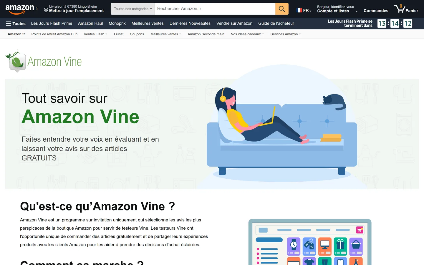 Page « Tout savoir sur Amazon Vine » sur amazon.fr, qui présente le programme comme réservé aux clients invités et parle d'articles gratuits Page « Tout savoir sur Amazon Vine » sur amazon.fr, qui présente le programme comme réservé aux clients invités et parle d'articles gratuits