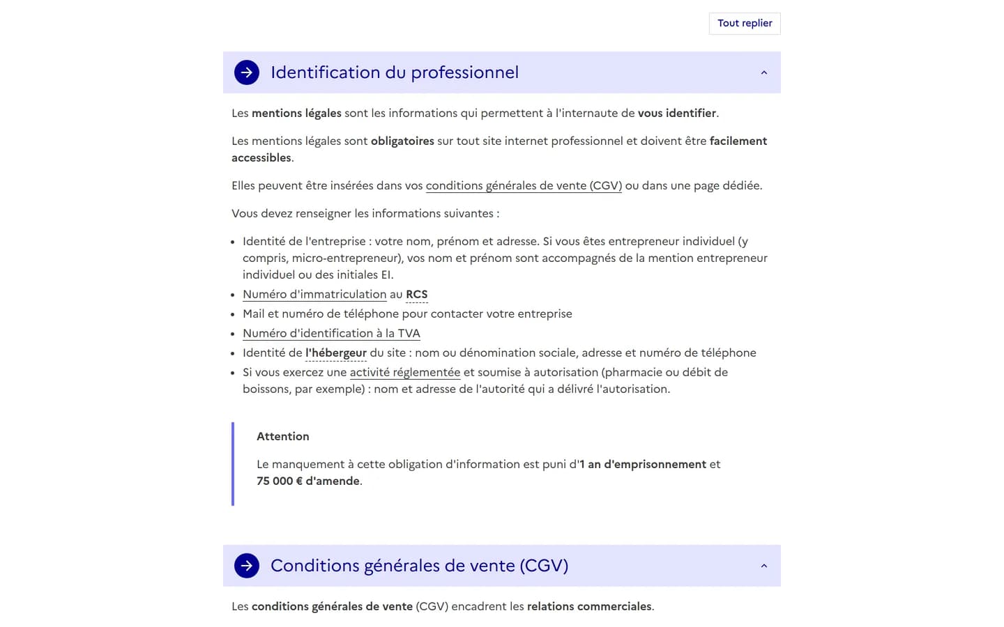 Fiche Service Public Entreprendre sur les mentions obligatoires d'un site internet professionnel, avec la liste des informations à publier et l'encadré Attention sur la sanction Fiche Service Public Entreprendre sur les mentions obligatoires d'un site internet professionnel, avec la liste des informations à publier et l'encadré Attention sur la sanction