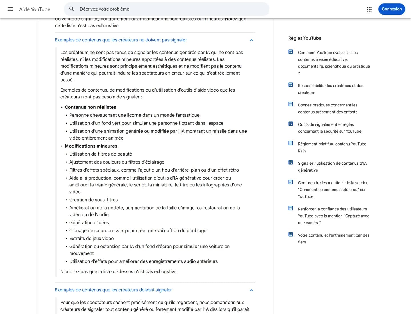 Page d'aide YouTube « Signaler l'utilisation de contenus d'IA générative », section des exemples que les créateurs n'ont pas besoin de signaler : filtres de beauté, aide à la production pour le script ou la miniature, sous-titres, clonage de sa propre voix pour une voix off Page d'aide YouTube « Signaler l'utilisation de contenus d'IA générative », section des exemples que les créateurs n'ont pas besoin de signaler : filtres de beauté, aide à la production pour le script ou la miniature, sous-titres, clonage de sa propre voix pour une voix off
