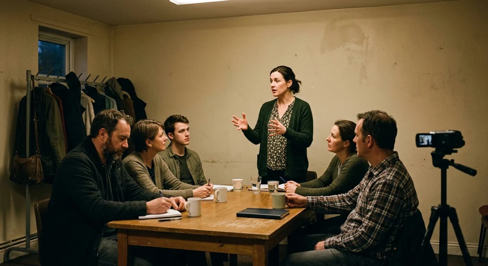 Petite salle du fond d'un centre social en début de soirée : cinq adultes assis autour d'une table en bois avec des tasses et des carnets écoutent une femme debout en bout de table qui explique en gesticulant, un portemanteau chargé de vestes à gauche et une petite caméra sur trépied qui filme la scène à droite Petite salle du fond d'un centre social en début de soirée : cinq adultes assis autour d'une table en bois avec des tasses et des carnets écoutent une femme debout en bout de table qui explique en gesticulant, un portemanteau chargé de vestes à gauche et une petite caméra sur trépied qui filme la scène à droite