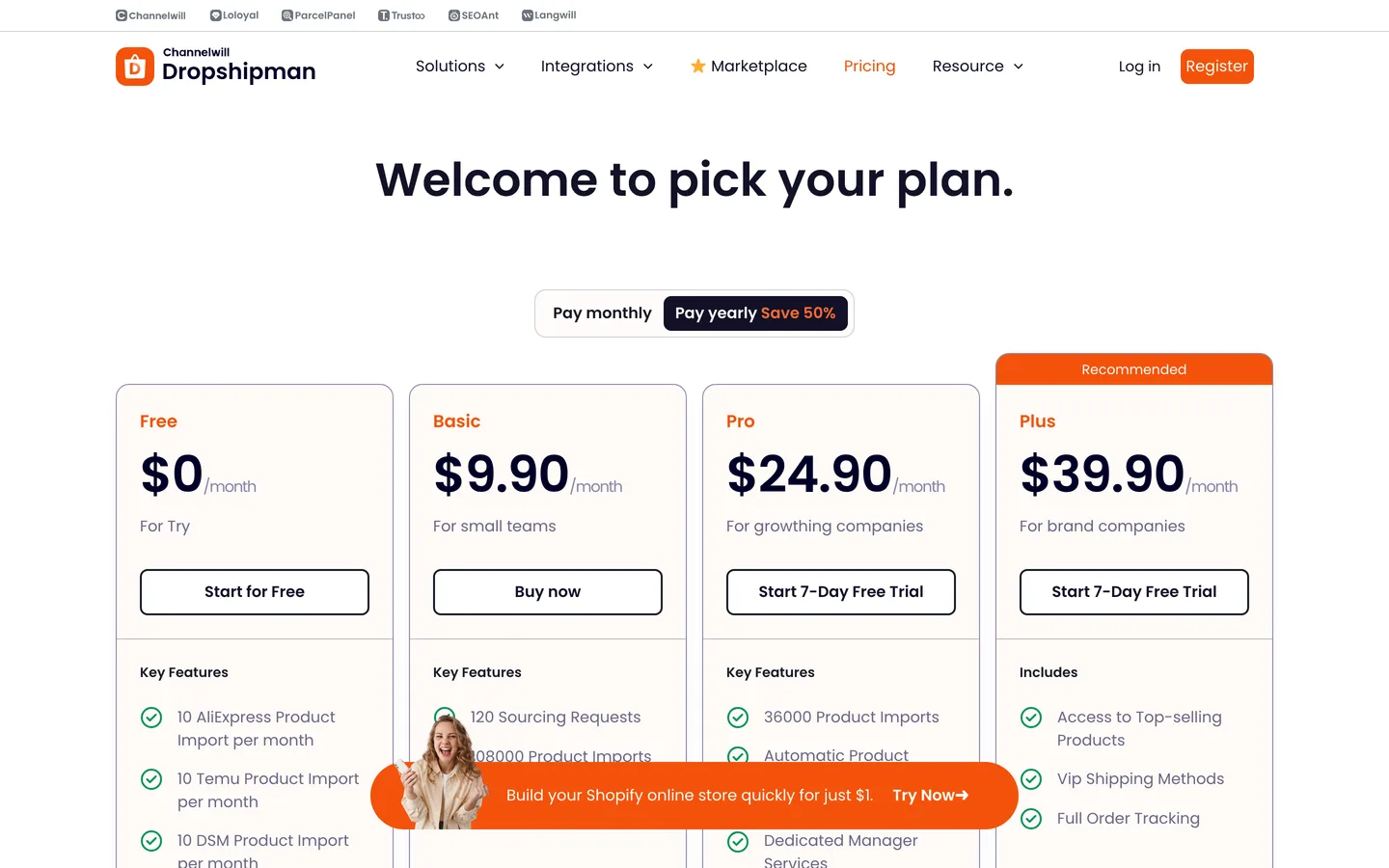 Page tarifs de Dropshipman Easy Dropshipping (capture) Page tarifs de Dropshipman Easy Dropshipping (capture)