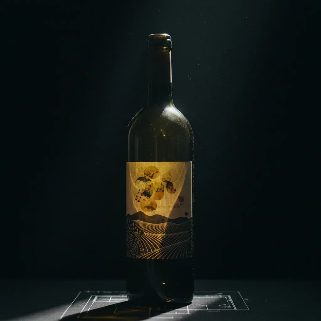 Bouteille de vin avec etiquette generee par IA, mise en scene realiste Bouteille de vin avec etiquette generee par IA, mise en scene realiste