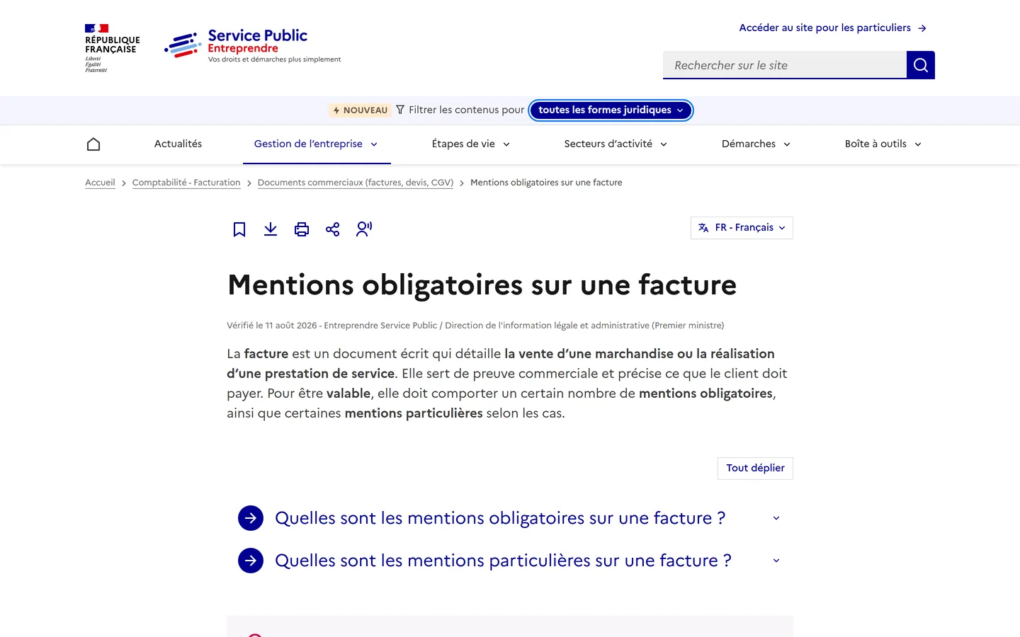 Fiche officielle « Mentions obligatoires sur une facture » sur entreprendre.service-public.gouv.fr, vérifiée le 11 août 2026 Fiche officielle « Mentions obligatoires sur une facture » sur entreprendre.service-public.gouv.fr, vérifiée le 11 août 2026