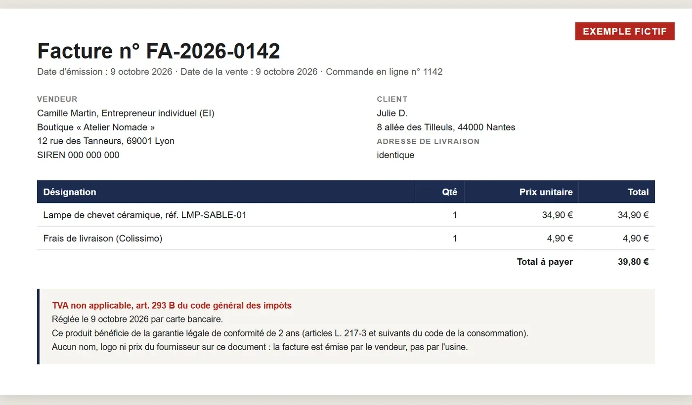 Exemple fictif de facture d'une boutique en dropshipping en micro-entreprise : numéro FA-2026-0142, vendeur en EI avec SIREN, client particulier, lampe de chevet à 34,90 euros, livraison à 4,90 euros, mention TVA non applicable article 293 B et garantie légale de conformité de deux ans Exemple fictif de facture d'une boutique en dropshipping en micro-entreprise : numéro FA-2026-0142, vendeur en EI avec SIREN, client particulier, lampe de chevet à 34,90 euros, livraison à 4,90 euros, mention TVA non applicable article 293 B et garantie légale de conformité de deux ans