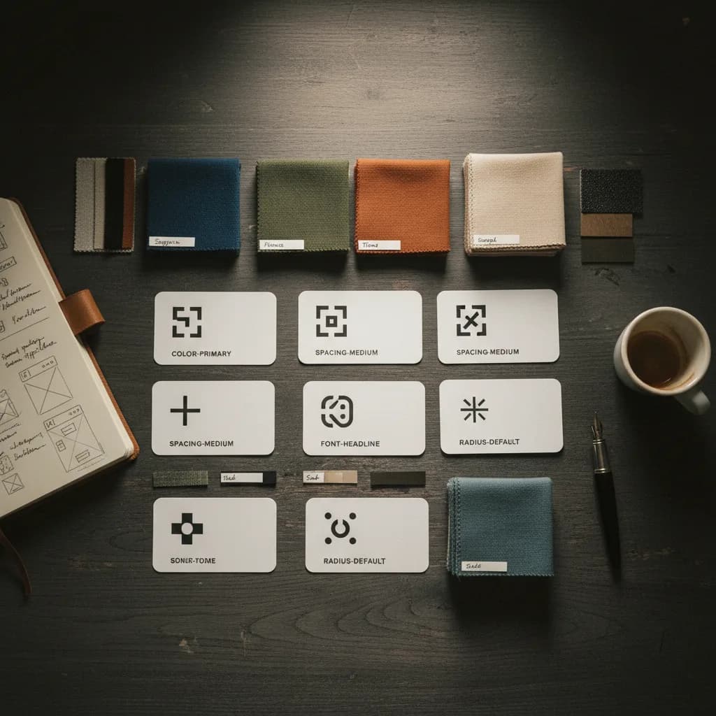 Cartes de design tokens et nuanciers de couleurs sur un bureau sombre Cartes de design tokens et nuanciers de couleurs sur un bureau sombre