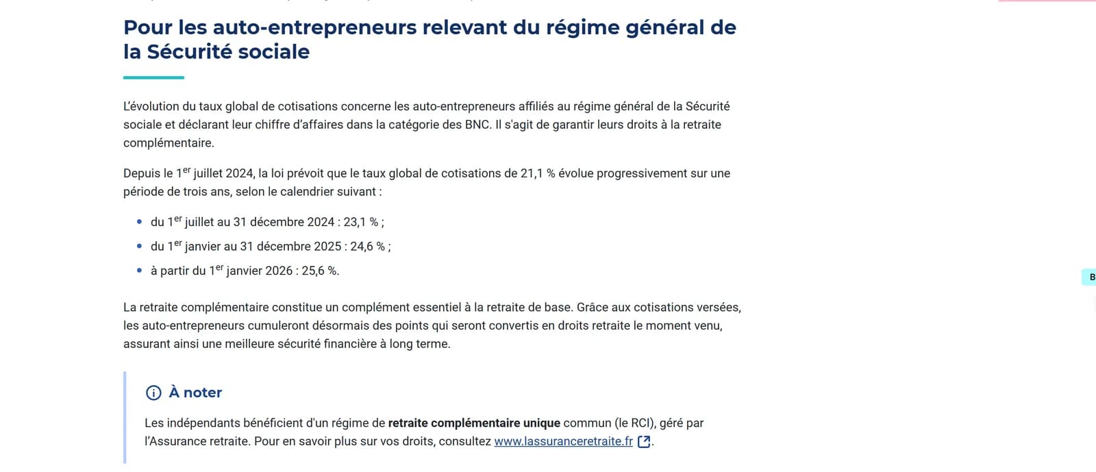 Extrait de la page Urssaf « Évolution des taux de cotisations sociales des auto-entrepreneurs » : calendrier de hausse du taux global pour les BNC du régime général, 23,1 % du 1er juillet au 31 décembre 2024, 24,6 % en 2025, 25,6 % à partir du 1er janvier 2026 Extrait de la page Urssaf « Évolution des taux de cotisations sociales des auto-entrepreneurs » : calendrier de hausse du taux global pour les BNC du régime général, 23,1 % du 1er juillet au 31 décembre 2024, 24,6 % en 2025, 25,6 % à partir du 1er janvier 2026