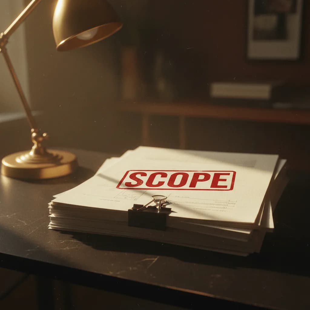 Classeur devis et tampon « scope » sur fond noir, freelance et cadre IA Classeur devis et tampon « scope » sur fond noir, freelance et cadre IA