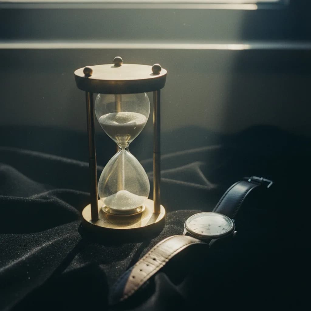 Sablier et montre sur fond noir, discipline du temps et IA au travail Sablier et montre sur fond noir, discipline du temps et IA au travail