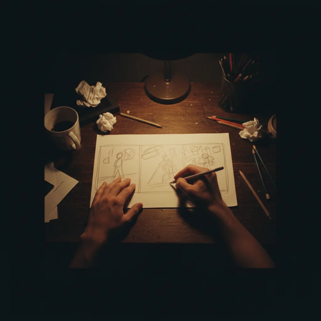 Image corps – Storyboard esquisse et stylo sur table sombre Image corps – Storyboard esquisse et stylo sur table sombre