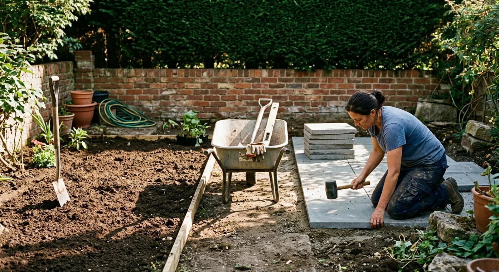 Petit jardin résidentiel en pleine réfection au milieu de l'après-midi : une plate-bande de terre fraîchement retournée avec une bêche plantée à gauche, une brouette chargée d'un niveau et de gants au centre, et une paysagiste agenouillée à droite qui pose une dalle grise au maillet devant sa pile Petit jardin résidentiel en pleine réfection au milieu de l'après-midi : une plate-bande de terre fraîchement retournée avec une bêche plantée à gauche, une brouette chargée d'un niveau et de gants au centre, et une paysagiste agenouillée à droite qui pose une dalle grise au maillet devant sa pile