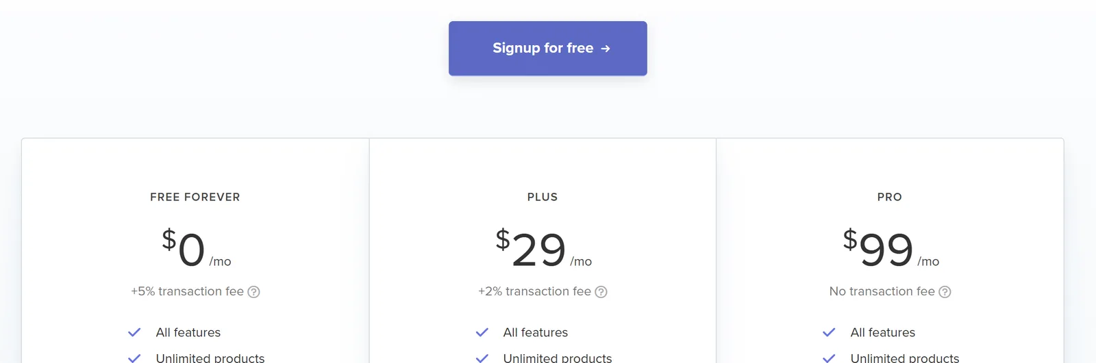 Les trois plans tarifaires de Payhip : Free Forever à 0 dollar par mois avec 5 % de commission, Plus à 29 dollars par mois avec 2 % de commission, Pro à 99 dollars par mois sans commission, tous avec produits et revenus illimités Les trois plans tarifaires de Payhip : Free Forever à 0 dollar par mois avec 5 % de commission, Plus à 29 dollars par mois avec 2 % de commission, Pro à 99 dollars par mois sans commission, tous avec produits et revenus illimités
