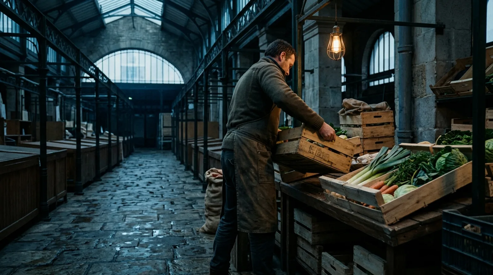 Halle de marché couverte au petit matin avant l'ouverture : un vendeur en tablier pose une cagette de légumes sur son étal, allée de pierre humide déserte et ampoule allumée au-dessus des caisses Halle de marché couverte au petit matin avant l'ouverture : un vendeur en tablier pose une cagette de légumes sur son étal, allée de pierre humide déserte et ampoule allumée au-dessus des caisses