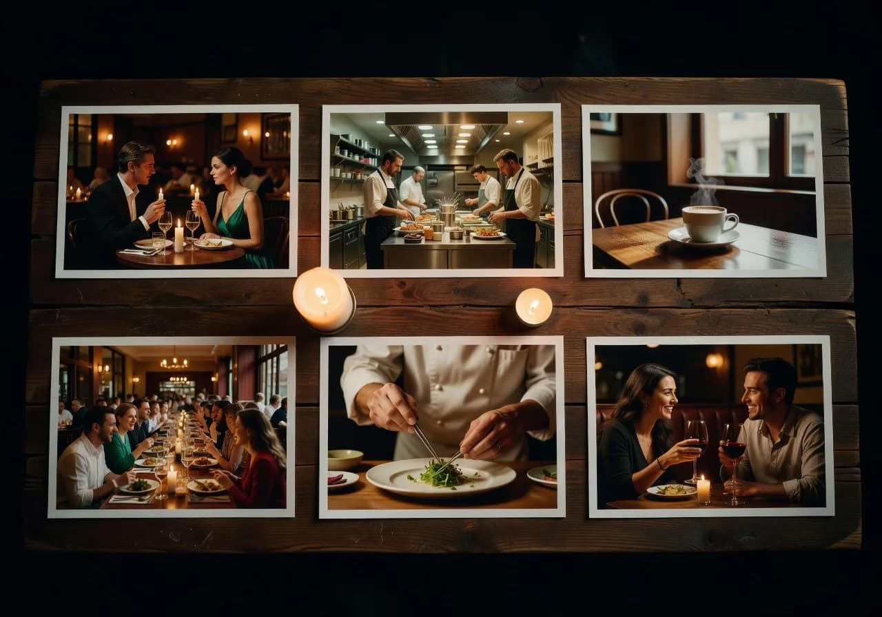 Storyboard visuel avec les 6 concept arts du restaurant Storyboard visuel avec les 6 concept arts du restaurant