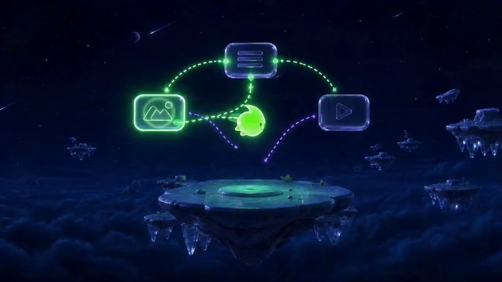 Illustration du principe des nodes reliés dans Imaginode : un node texte connecté à un node image et un node vidéo Illustration du principe des nodes reliés dans Imaginode : un node texte connecté à un node image et un node vidéo