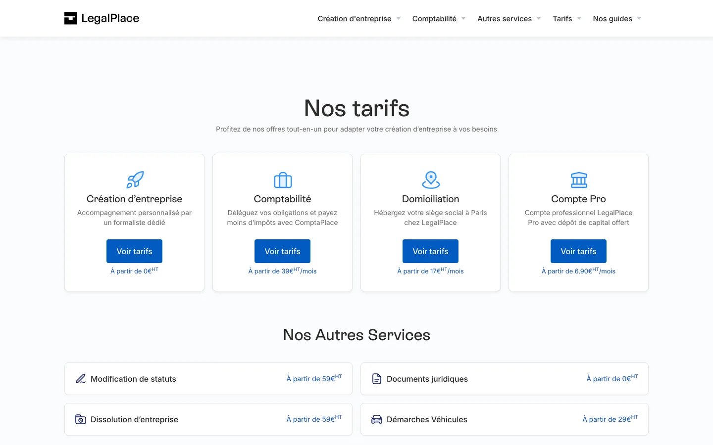 Page tarifs de Legalplace (capture) Page tarifs de Legalplace (capture)