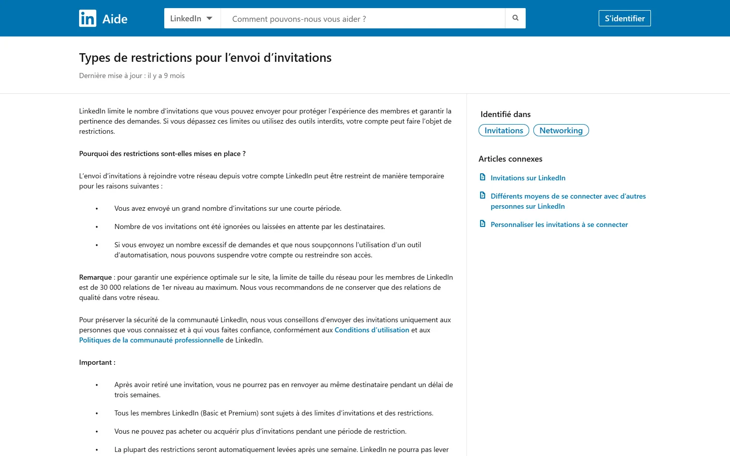Page d'aide LinkedIn en français « Types de restrictions pour l'envoi d'invitations », avec les trois déclencheurs listés et la remarque sur la limite de 30 000 relations Page d'aide LinkedIn en français « Types de restrictions pour l'envoi d'invitations », avec les trois déclencheurs listés et la remarque sur la limite de 30 000 relations