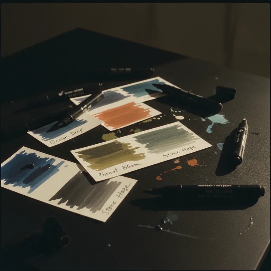 Image corps – Cartes couleur et stylo sur fond sombre Image corps – Cartes couleur et stylo sur fond sombre