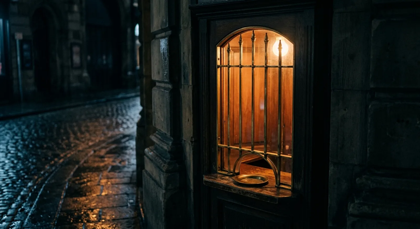 Guichet de billetterie fermé la nuit, grille en laiton, coupelle à monnaie vide et lumière chaude derrière la vitre Guichet de billetterie fermé la nuit, grille en laiton, coupelle à monnaie vide et lumière chaude derrière la vitre