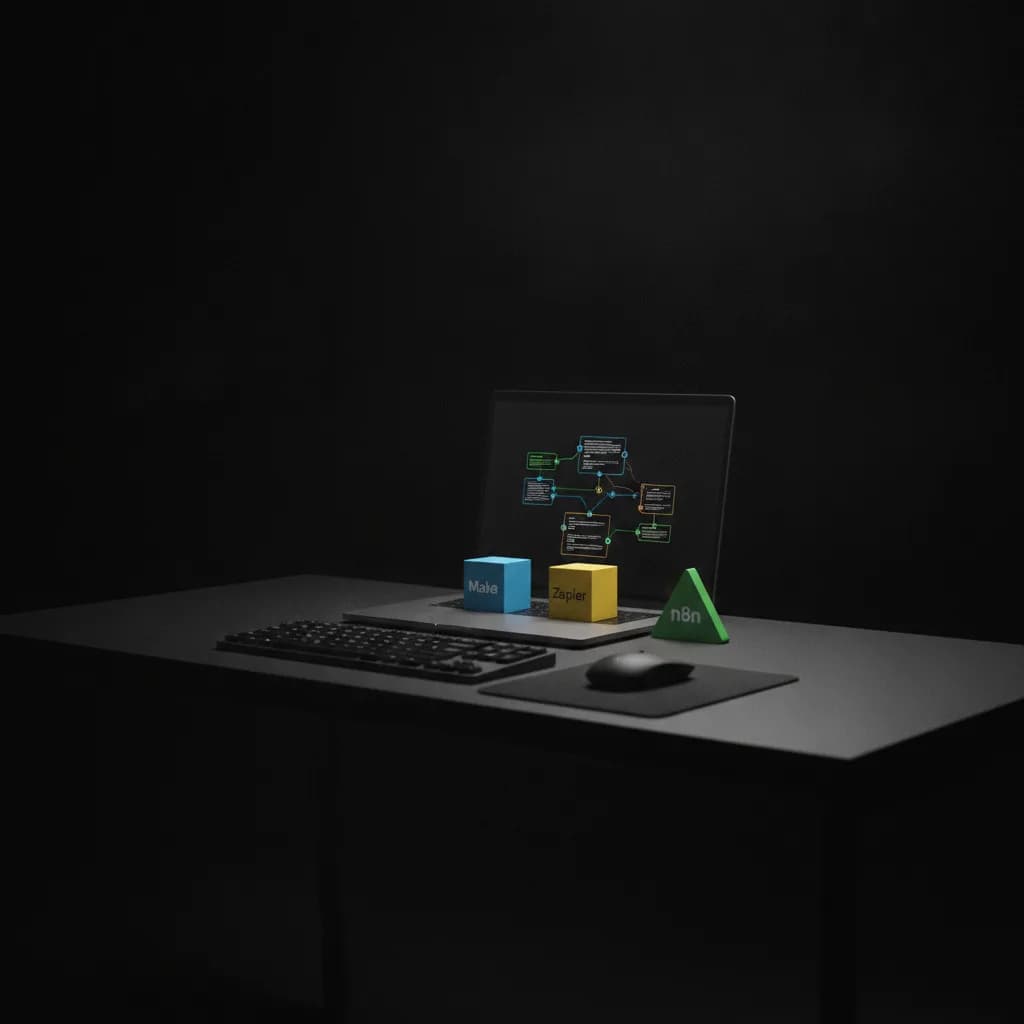 Outils d'automatisation pour business : Make, Zapier et n8n sur un bureau de travail minimaliste, workflows visuels sur écran Outils d'automatisation pour business : Make, Zapier et n8n sur un bureau de travail minimaliste, workflows visuels sur écran