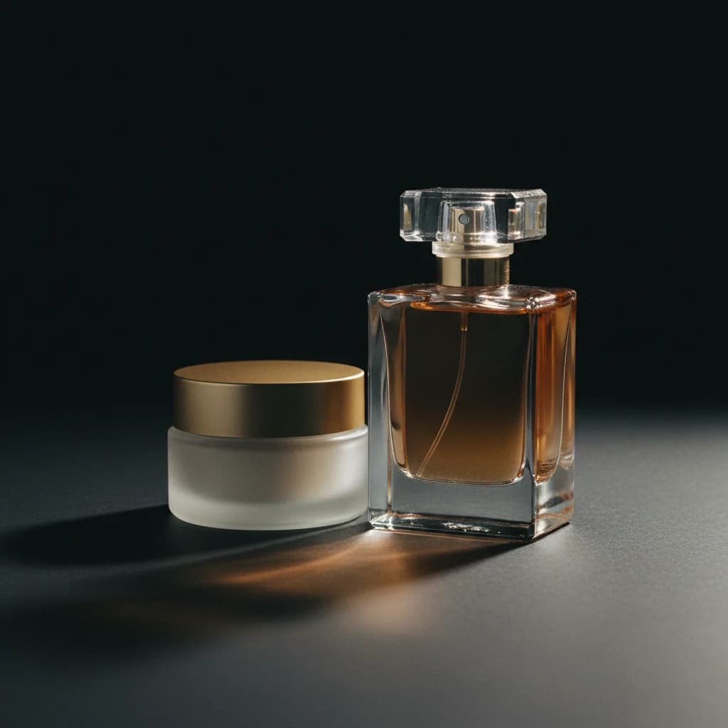 Packshot parfum luxe IA, exemple de rendu verre et caustiques Packshot parfum luxe IA, exemple de rendu verre et caustiques