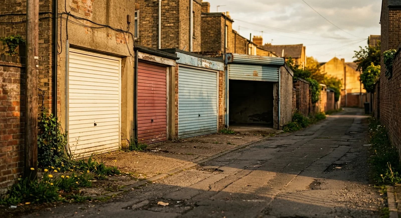 Rangée de garages loués de largeurs différentes dans une ruelle résidentielle, portes basculantes crème, rouge délavé et bleu pâle, une porte relevée sur un box vide, lumière rasante de fin d'après-midi Rangée de garages loués de largeurs différentes dans une ruelle résidentielle, portes basculantes crème, rouge délavé et bleu pâle, une porte relevée sur un box vide, lumière rasante de fin d'après-midi