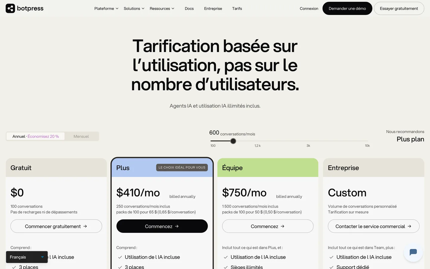 Page tarifs de Pourquoi Utiliser Chatbot (capture) Page tarifs de Pourquoi Utiliser Chatbot (capture)