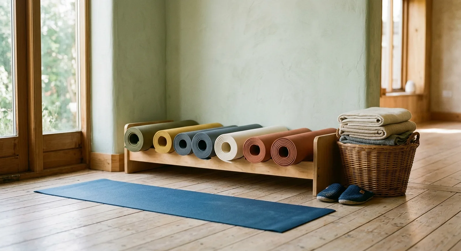 Coin d'un petit studio de yoga de quartier en fin de matinée : une rangée de tapis roulés de couleurs différentes posés sur un support en bois clair le long d'un mur vert sauge, un tapis bleu déroulé à plat sur le parquet devant, un panier en osier rempli de couvertures pliées au bout du support Coin d'un petit studio de yoga de quartier en fin de matinée : une rangée de tapis roulés de couleurs différentes posés sur un support en bois clair le long d'un mur vert sauge, un tapis bleu déroulé à plat sur le parquet devant, un panier en osier rempli de couvertures pliées au bout du support
