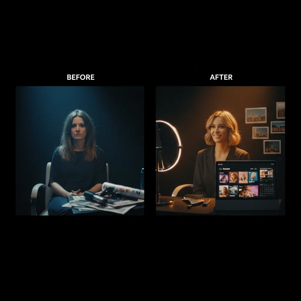 Coiffeur filmant un Reel avant/après sur smartphone Coiffeur filmant un Reel avant/après sur smartphone