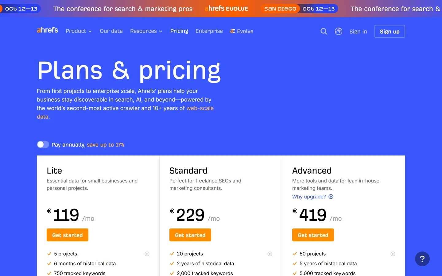 Grille tarifaire d'Ahrefs montrant les plans Lite, Standard et Advanced à 119, 229 et 419 euros par mois Grille tarifaire d'Ahrefs montrant les plans Lite, Standard et Advanced à 119, 229 et 419 euros par mois
