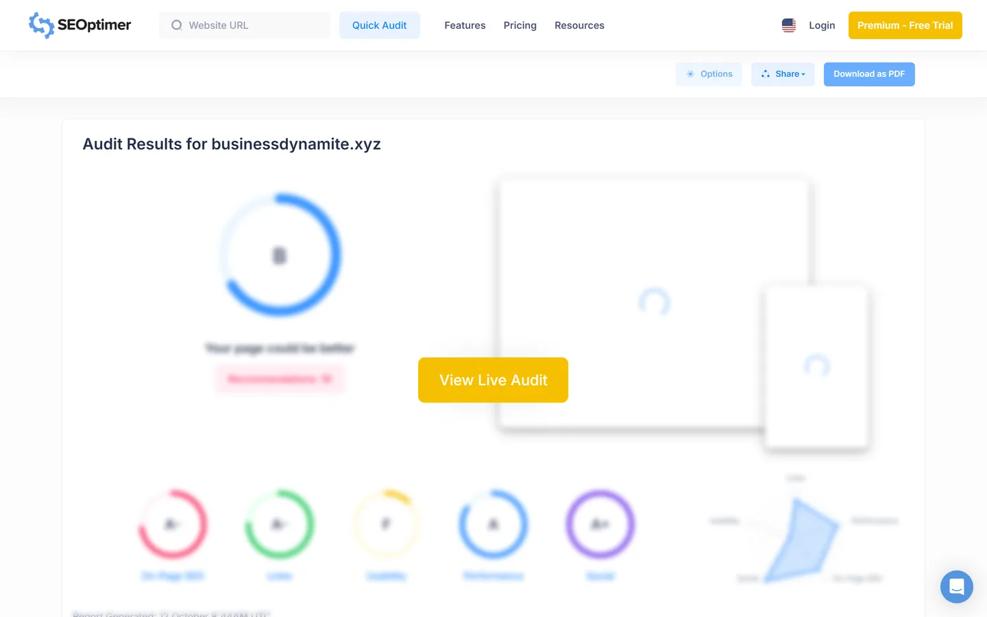 Rapport SEOptimer en cache pour businessdynamite.xyz, flouté, avec un bouton jaune View Live Audit au centre Rapport SEOptimer en cache pour businessdynamite.xyz, flouté, avec un bouton jaune View Live Audit au centre