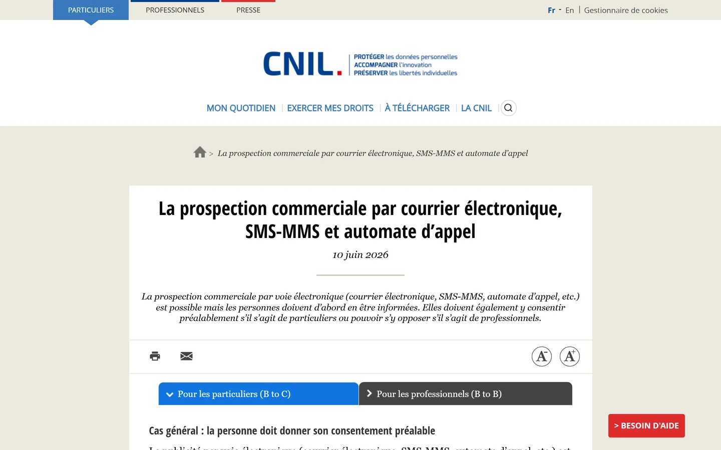 Page de la CNIL sur la prospection commerciale par courrier électronique, avec les onglets particuliers et professionnels Page de la CNIL sur la prospection commerciale par courrier électronique, avec les onglets particuliers et professionnels