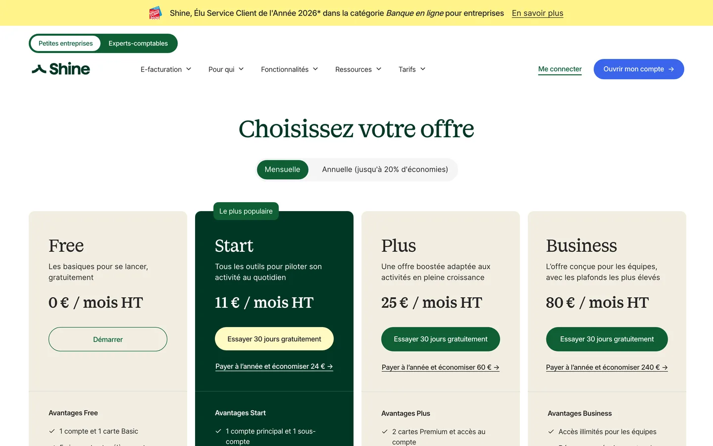 Page tarifs de Shine (capture) Page tarifs de Shine (capture)