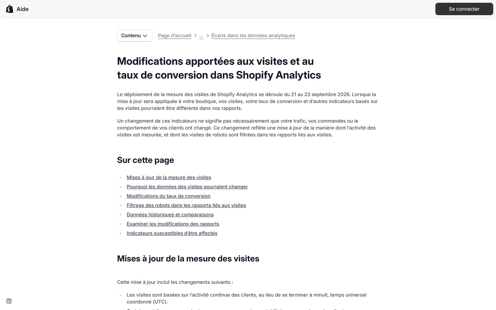 La page d'aide de Shopify sur les modifications apportées aux visites et au taux de conversion La page d'aide de Shopify sur les modifications apportées aux visites et au taux de conversion