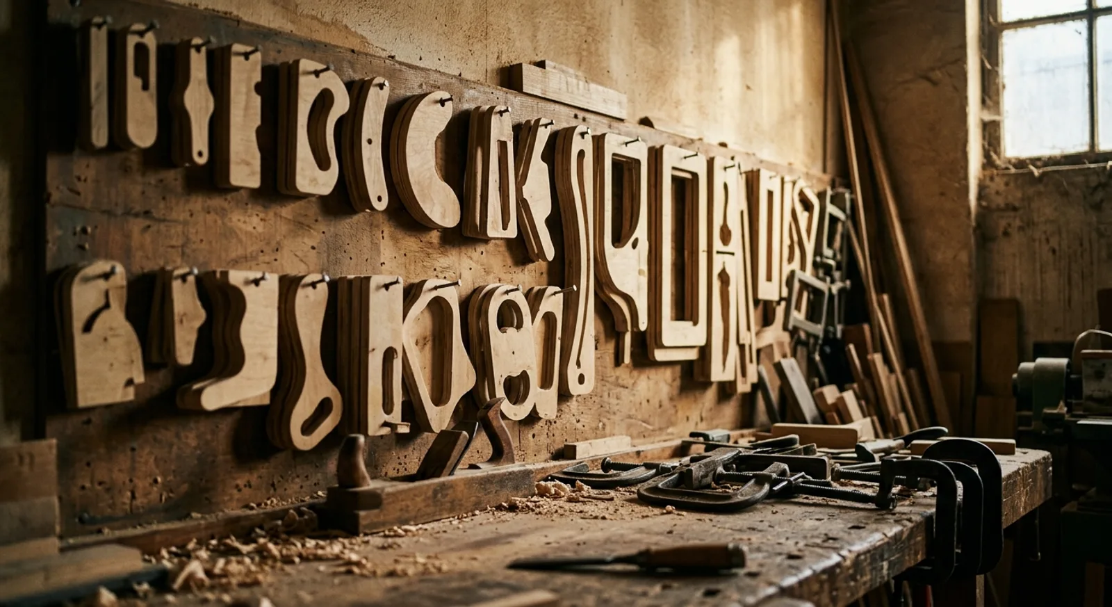 Mur d'atelier de menuiserie couvert de gabarits en contreplaqué de formes différentes accrochés par taille, établi couvert de sciure et de serre-joints au premier plan Mur d'atelier de menuiserie couvert de gabarits en contreplaqué de formes différentes accrochés par taille, établi couvert de sciure et de serre-joints au premier plan