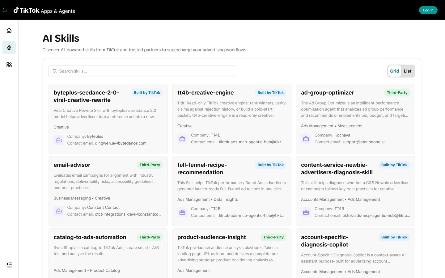 Le catalogue AI Skills de l'Agentic Hub TikTok : neuf fiches par page, badges Built by TikTok ou Third-Party, catégories et contact de l'éditeur Le catalogue AI Skills de l'Agentic Hub TikTok : neuf fiches par page, badges Built by TikTok ou Third-Party, catégories et contact de l'éditeur